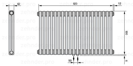 Схема (чертеж) Радиатор Zehnder Charleston 2090/20 №5410 Белый глянцевый RAL 9016